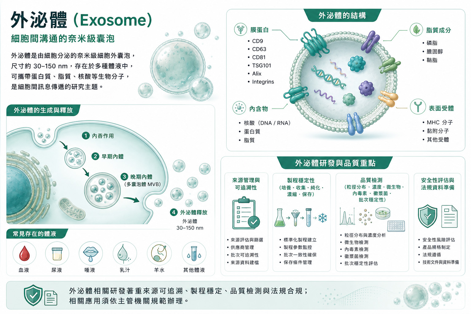 外泌體科學資訊圖:外泌體結構(膜蛋白、脂質成分、內含物、表面受體)、生成與釋放、研發與品質重點、常見存在的體液